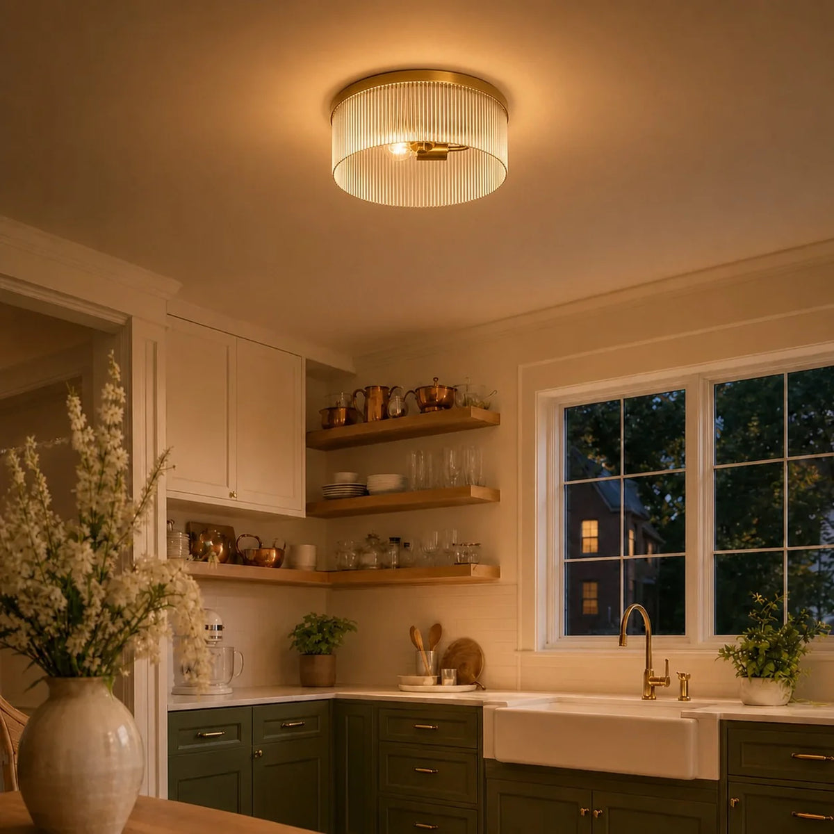 Round Ceiling Lamp with Ribbed Glass and Rustic Finish – Warm Ambient Light for Low Ceilings | Sansoti
