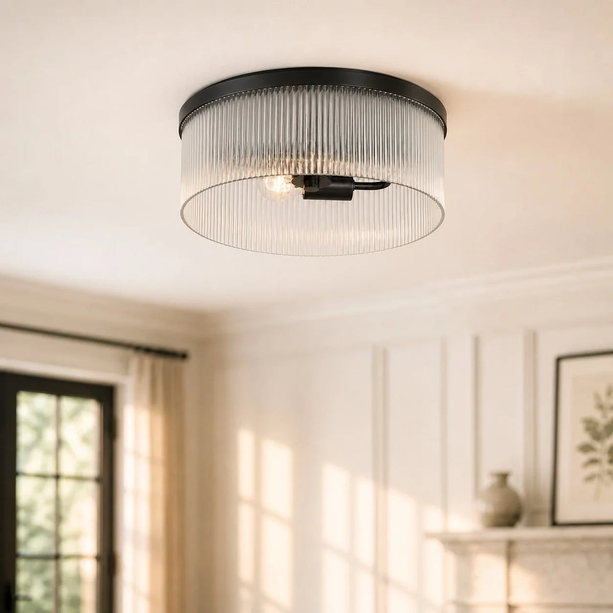 Round Ceiling Lamp with Ribbed Glass and Rustic Finish – Warm Ambient Light for Low Ceilings | Sansoti
