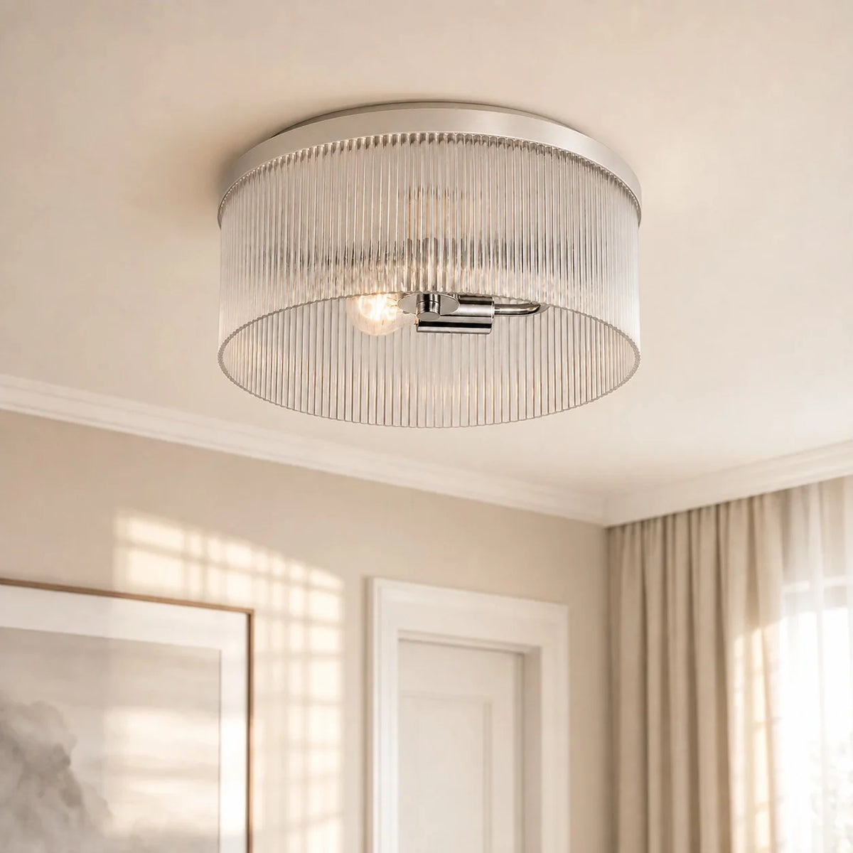 Round Ceiling Lamp with Ribbed Glass and Rustic Finish – Warm Ambient Light for Low Ceilings | Sansoti