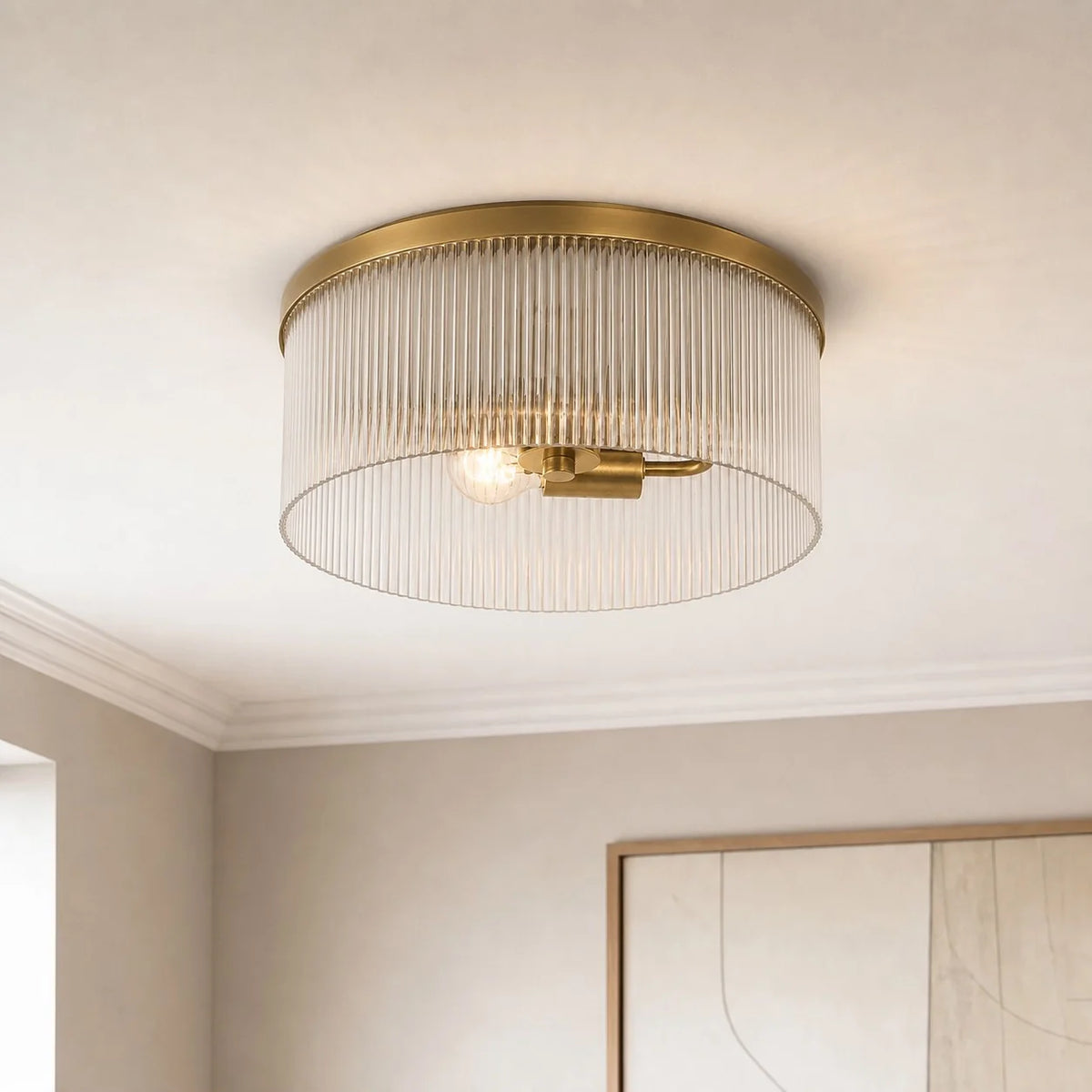 Round Ceiling Lamp with Ribbed Glass and Rustic Finish – Warm Ambient Light for Low Ceilings | Sansoti