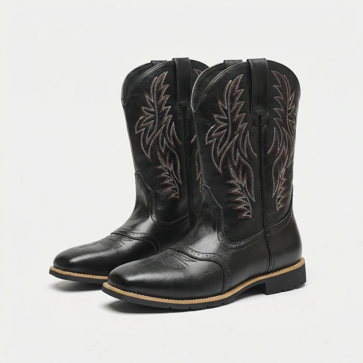 Bottes western en cuir jusqu'au mollet, bout carré, tige brodée, à enfiler, pour homme, marron et noir, style bottes de cowboy | Sansoti
