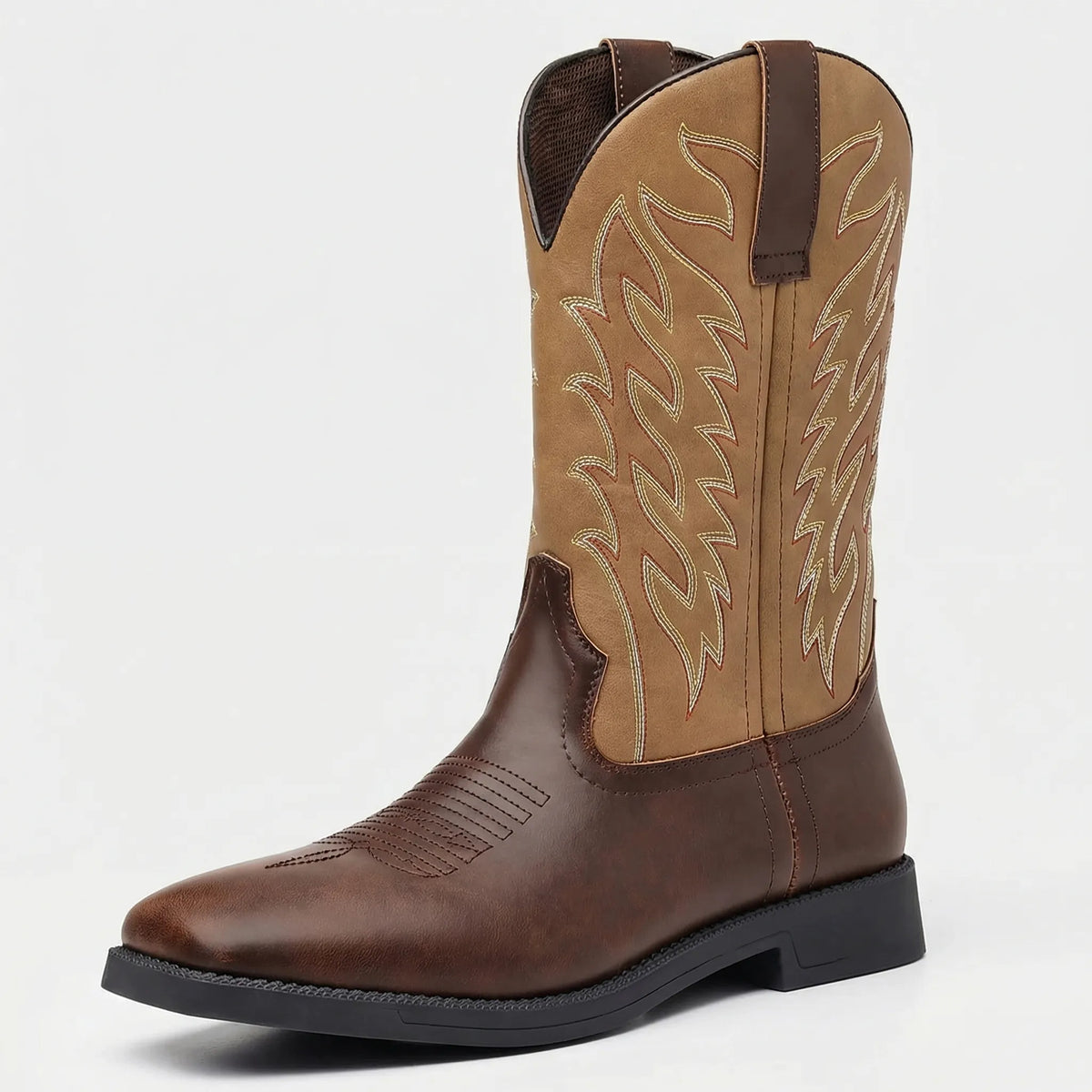 Bottes western en cuir jusqu'au mollet, bout carré, tige brodée, à enfiler, pour homme, marron et noir, style bottes de cowboy | Sansoti