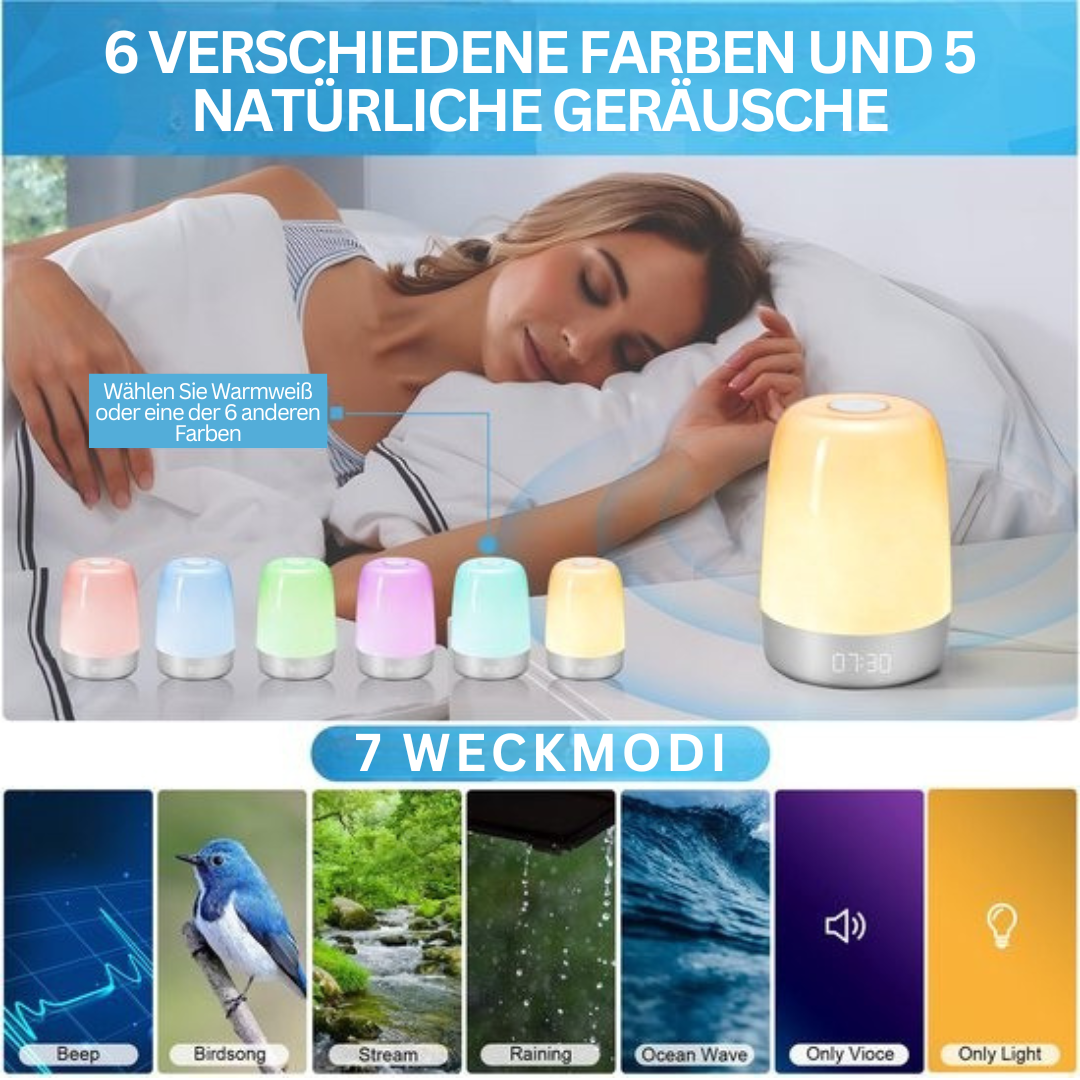 Wake-up Light with Nature Sounds and Sunrise Simulation – Rechargeable USB-C Night Light with Dimmable Warm Light | Sansoti