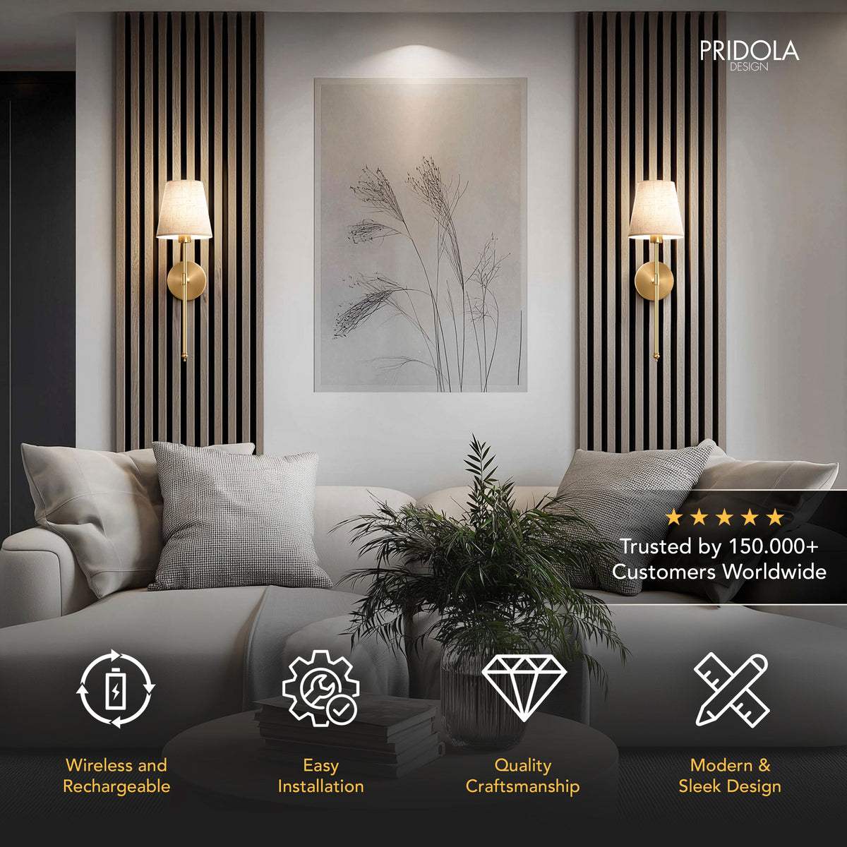 Applique Murale Or Abat-jour Lin Set de 2 Sans Fil Télécommande Dimmable RGB Chambre Salon | Sansoti