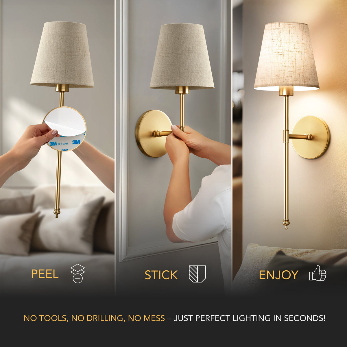 Wandlamp Zonder Boren Set van 2 Draadloos Goud Metaal Naturel Linnen Kap 51,5 cm Hoog 3M Kleefstrip of Schroeven | Sansoti