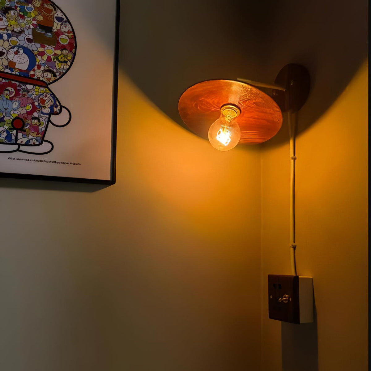 Wandleuchte Walnussholz Messing E27 20cm Rund Wohnzimmer Schlafzimmer Flur Japandi