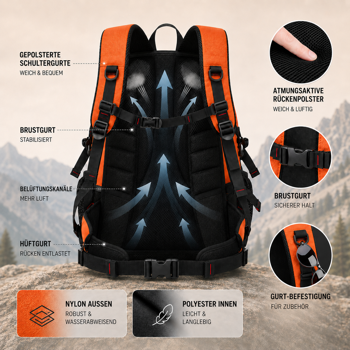 Trekkingrucksack 40 Liter mit USB-Anschluss, ergonomisch und wasserdicht, zum Wandern, für Bergtouren, Outdoor-Aktivitäten, Camping und Reisen | Sansoti
