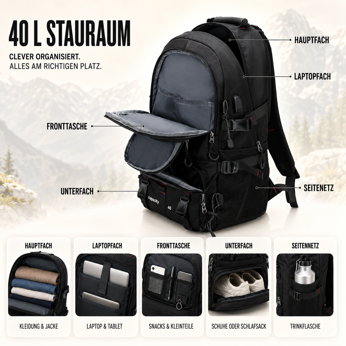 Trekkingrucksack 40 Liter mit USB-Anschluss, ergonomisch und wasserdicht, zum Wandern, für Bergtouren, Outdoor-Aktivitäten, Camping und Reisen | Sansoti