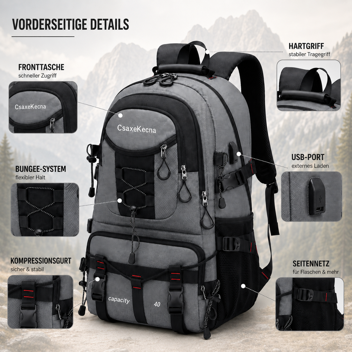 Trekkingrucksack 40 Liter mit USB-Anschluss, ergonomisch und wasserdicht, zum Wandern, für Bergtouren, Outdoor-Aktivitäten, Camping und Reisen | Sansoti