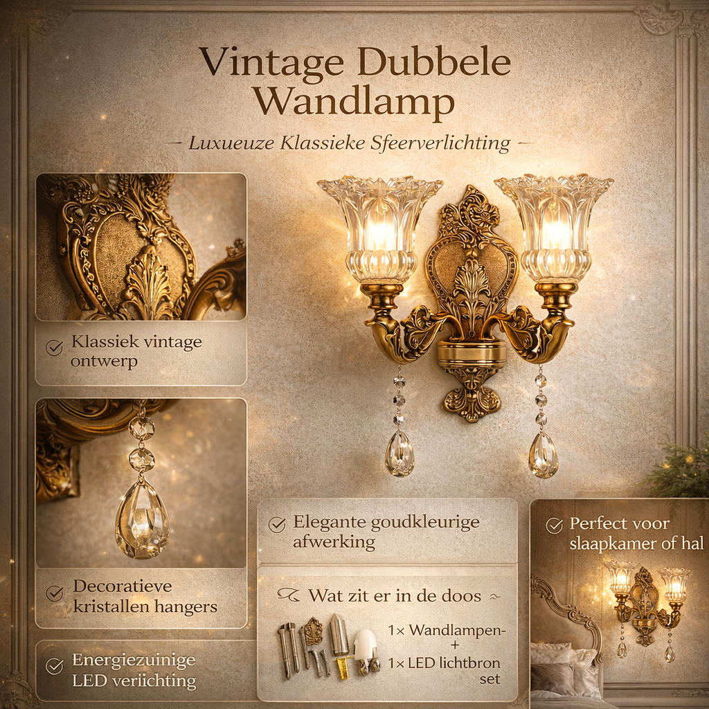 Vintage Wandlamp Goud Glas Dubbele Klassiek Warm Wit Licht Binnenwandlamp E14 Slaapkamer Woonkamer Hal Decoratief Verlichting Muurlamp | Sansoti