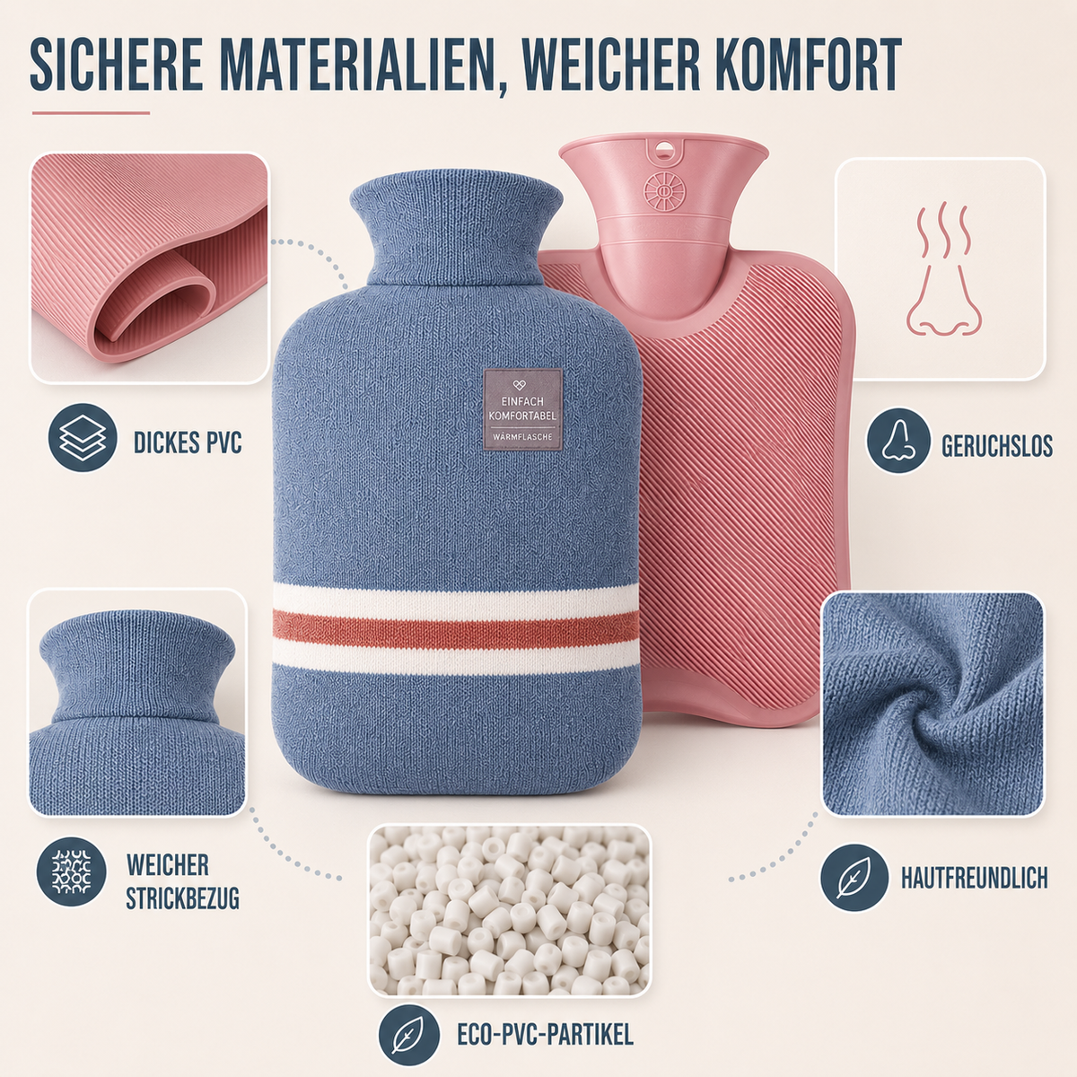 Wärmflasche 1 Liter mit gestricktem Bezug in Grün, Rosa und Orange für kalte Tage - lang anhaltende Wärme und Komfort | Sansoti