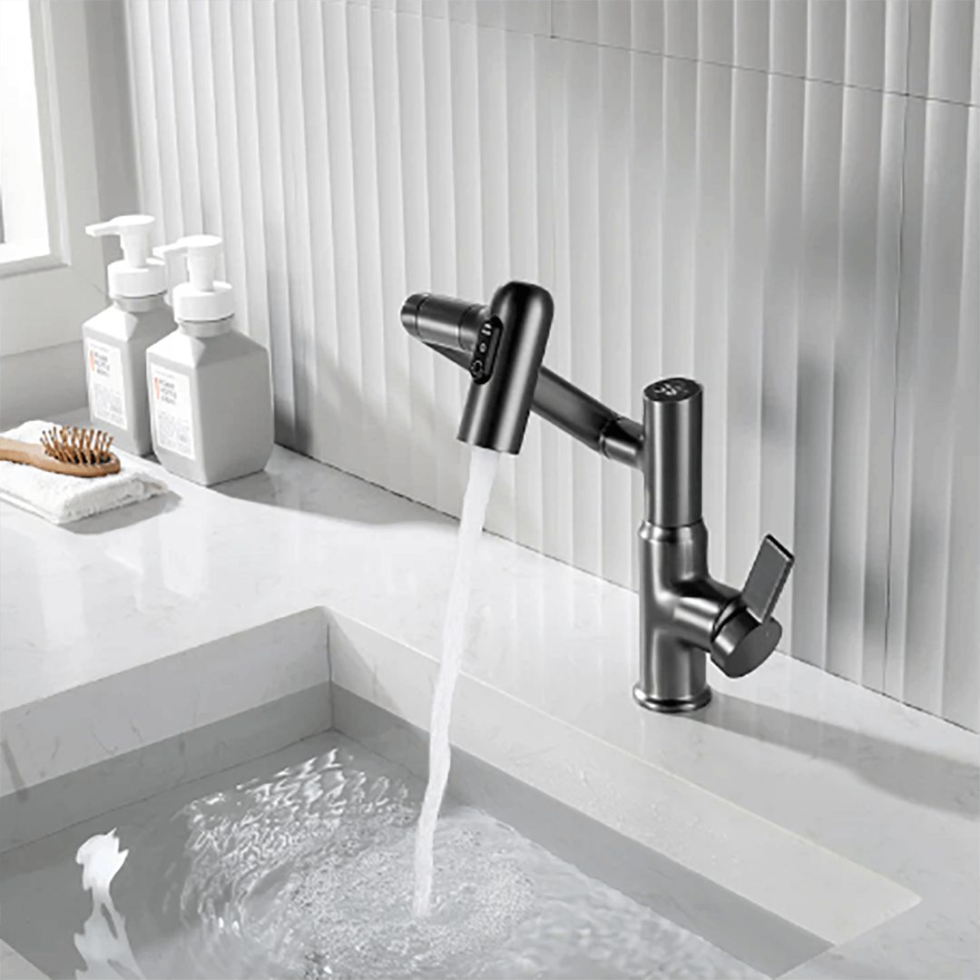 Robinet de cuisine flexible pivotant à 360° avec affichage de la température, réglable, chrome inox design moderne | Sansoti