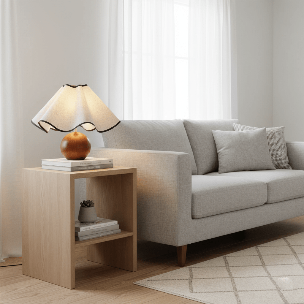 Wavecrest Tischlampe Wellenförmiger Stoffschirm mit Holzfuß ∅15″ E26/E27 Leinenbezug Beige Walnuss Schwarz Inline-Schalter 59″ Kabel Organisches Wellen-Design Sansoti