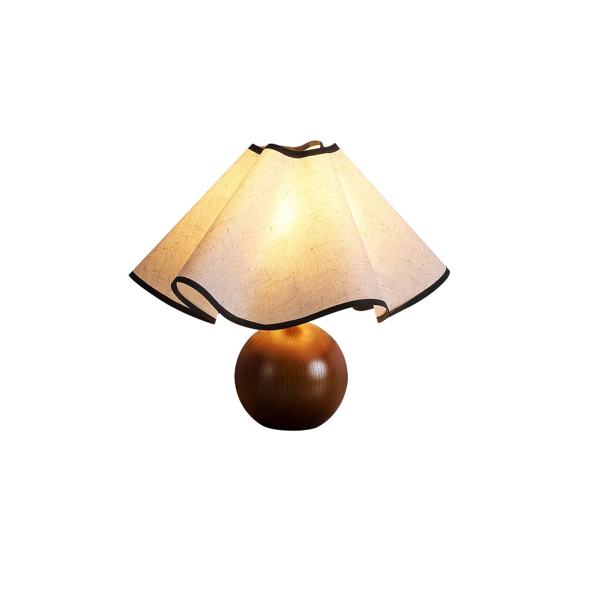 Wavecrest Tischlampe Wellenförmiger Stoffschirm mit Holzfuß ∅15″ E26/E27 Leinenbezug Beige Walnuss Schwarz Inline-Schalter 59″ Kabel Organisches Wellen-Design Sansoti
