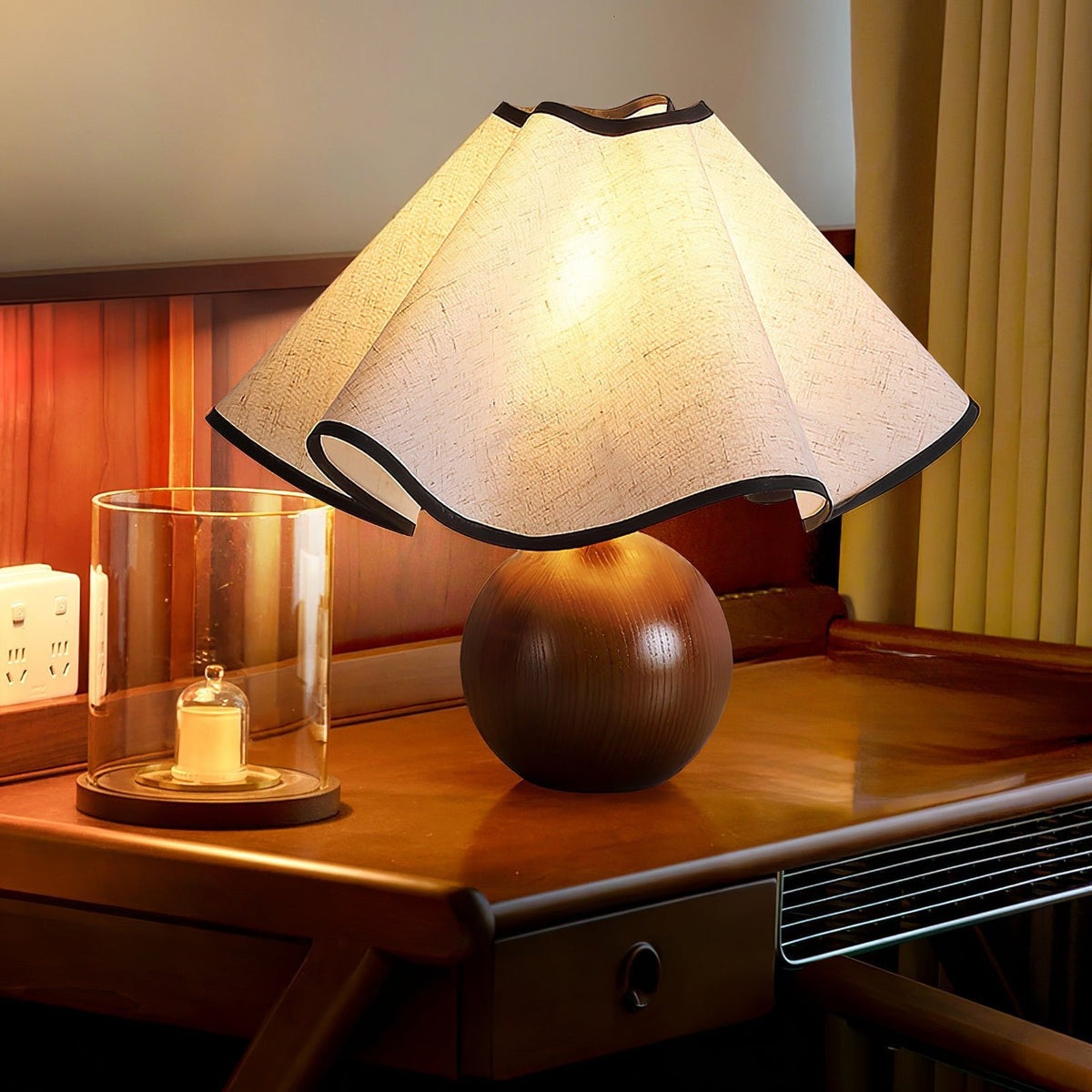 Wavecrest Table Lamp Wavy Fabric Shade with Wooden Base ∅15″ E26/E27 Linen Shade Beige Walnut Black Inline Switch 59″ Cord Organic Wave Design Sansoti