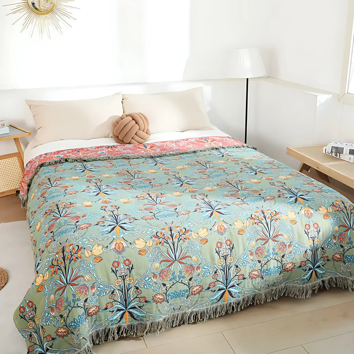 Baumwoll-Wendedecke mit Blumenwebung und Quasten – Weiche Jacquard-Plaid für Bett und Sofa | Sansoti