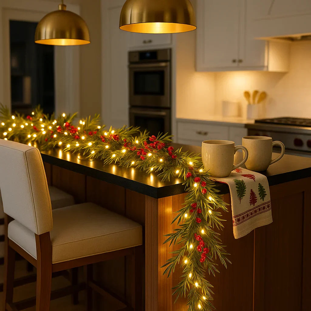 Beleuchtete Weihnachtslichterkette mit roten Beeren und Tannenzweigen 180cm Warmweiß – LED-Dekoration für Innen | Sansoti