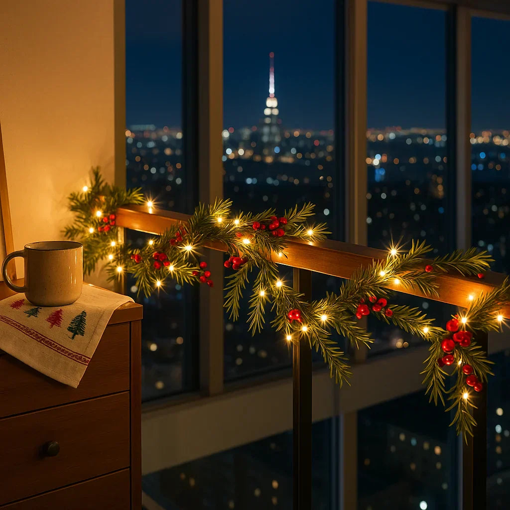Verlichte Kerstslinger met Rode Bessen en Dennentakken 180cm Warm Wit – LED-decoratie voor Binnen | Sansoti