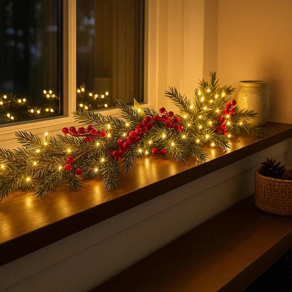 Verlichte Kerstslinger met Rode Bessen en Dennentakken 180cm Warm Wit – LED-decoratie voor Binnen | Sansoti