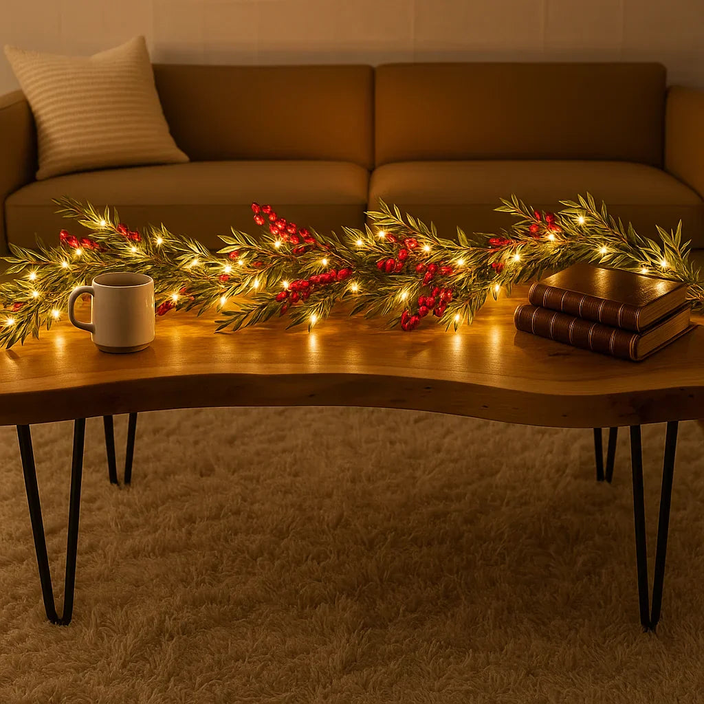 Verlichte Kerstslinger met Rode Bessen en Dennentakken 180cm Warm Wit – LED-decoratie voor Binnen | Sansoti