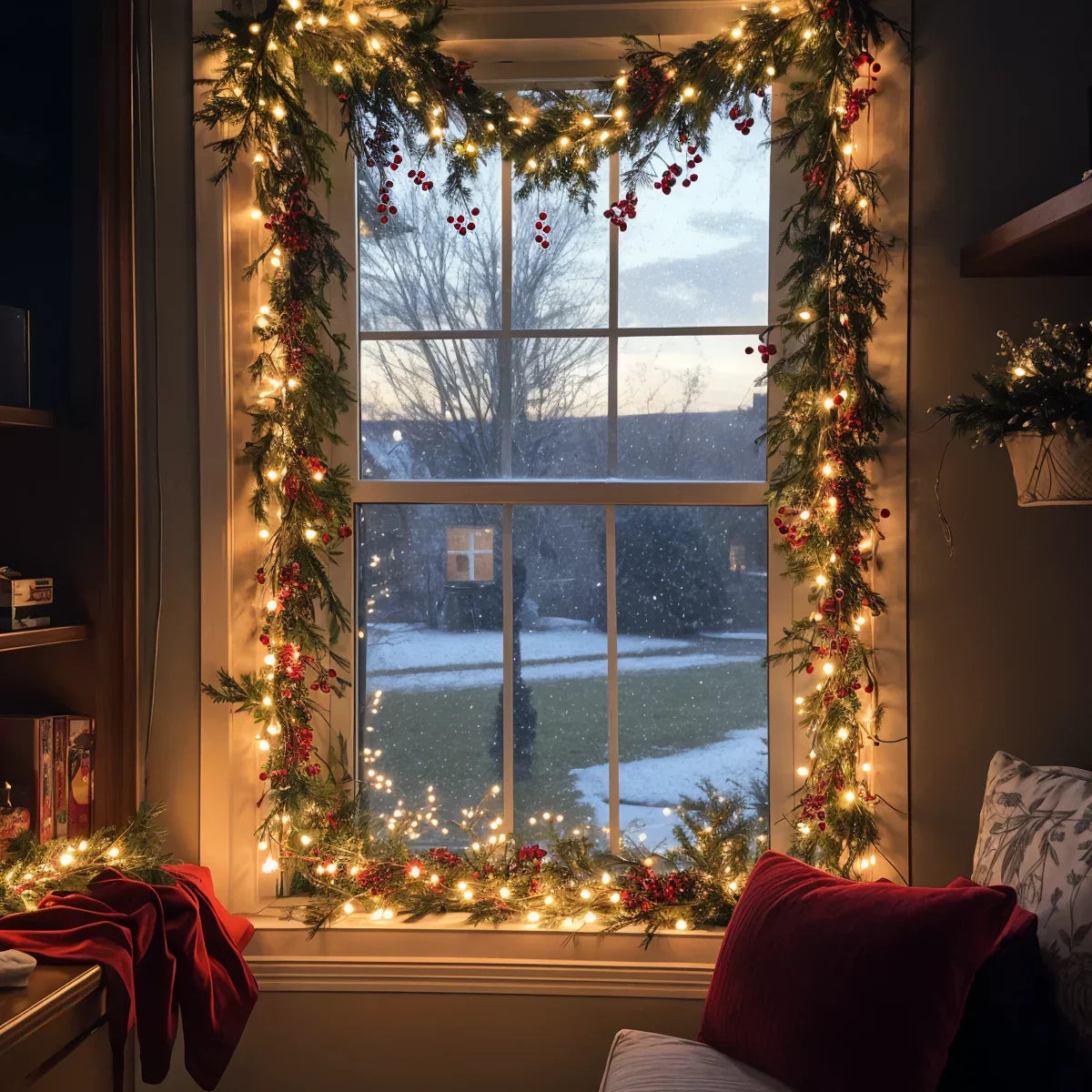 Verlichte Kerstslinger met Rode Bessen en Dennentakken 180cm Warm Wit – LED-decoratie voor Binnen | Sansoti