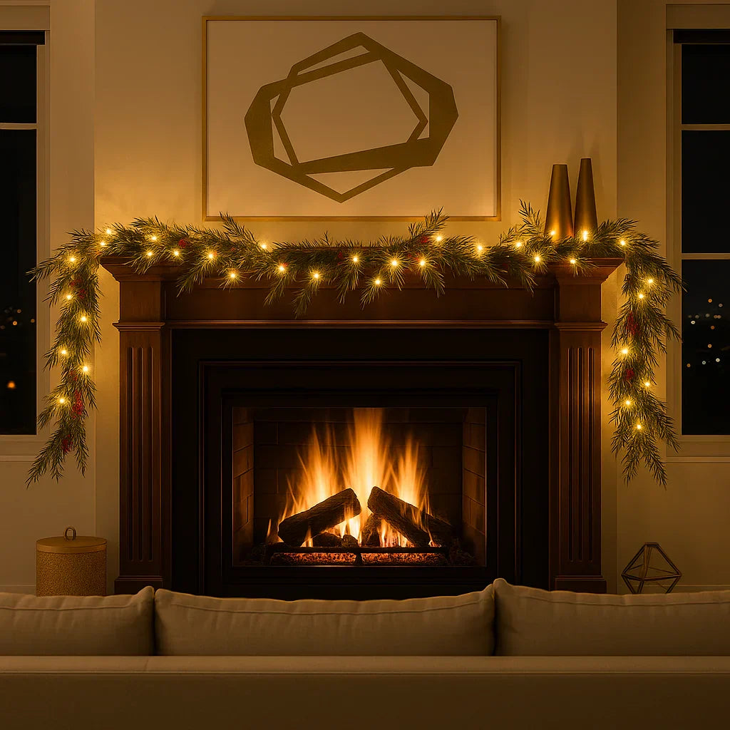 Verlichte Kerstslinger met Rode Bessen en Dennentakken 180cm Warm Wit – LED-decoratie voor Binnen | Sansoti