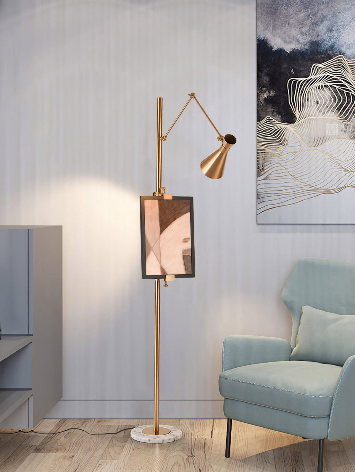 Stehlampe mit Staffeleihalter Goldfarbenes Gestell Marmorfuß E26/E27 Max 40W Moderne Beleuchtung für Kunstwerke und Interieur | Sansoti
