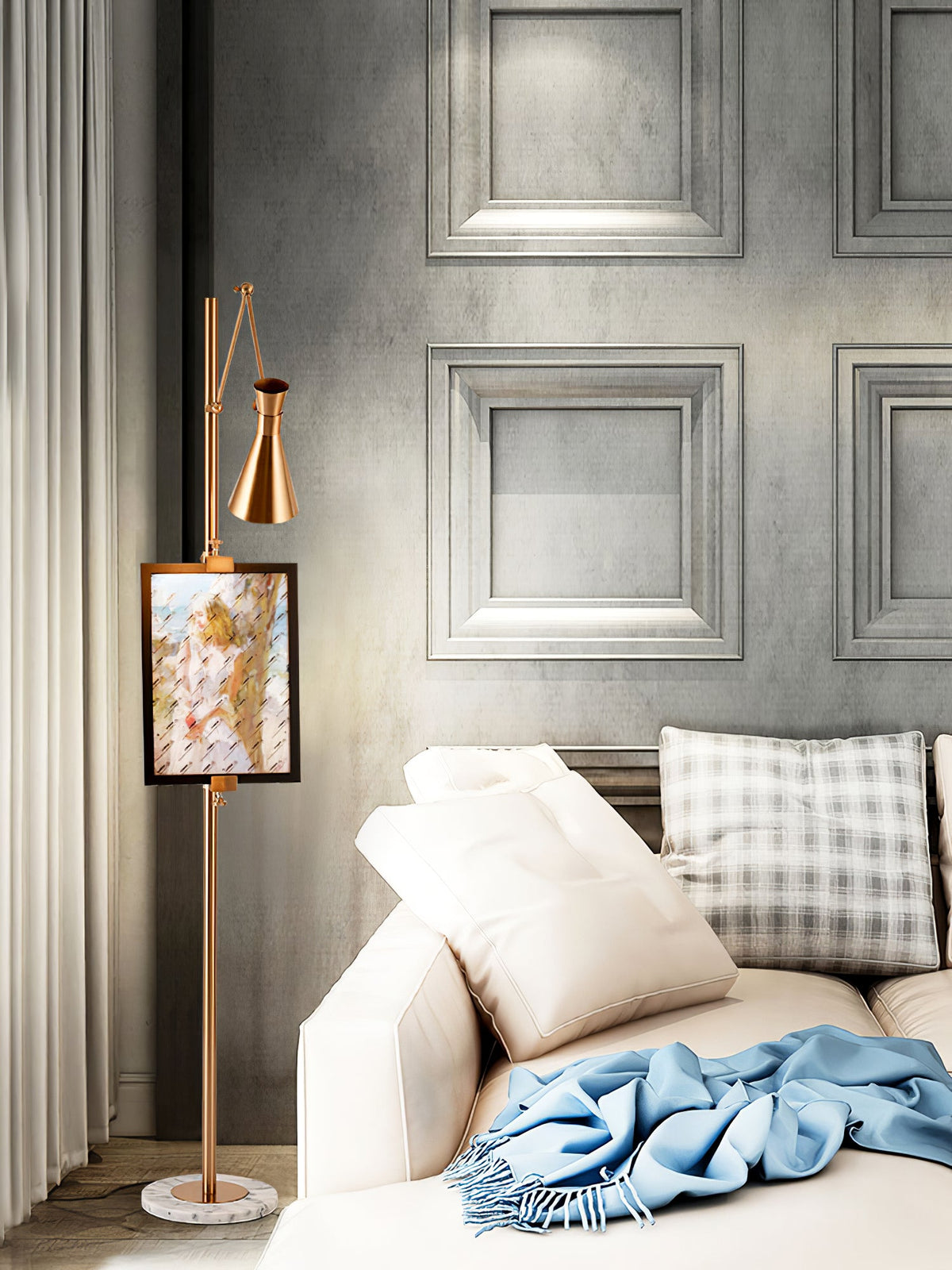 Stehlampe mit Staffeleihalter Goldfarbenes Gestell Marmorfuß E26/E27 Max 40W Moderne Beleuchtung für Kunstwerke und Interieur | Sansoti