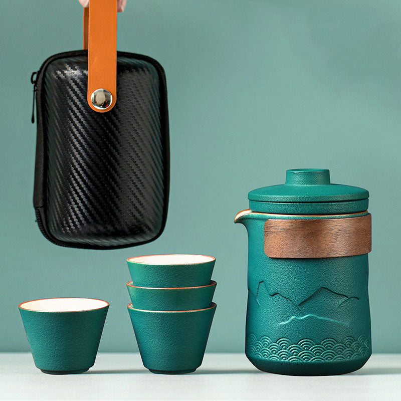 Travel Tea Set Ceramic Compact With Teapot Cups And Travel Bag Mountain Design | Sansoti