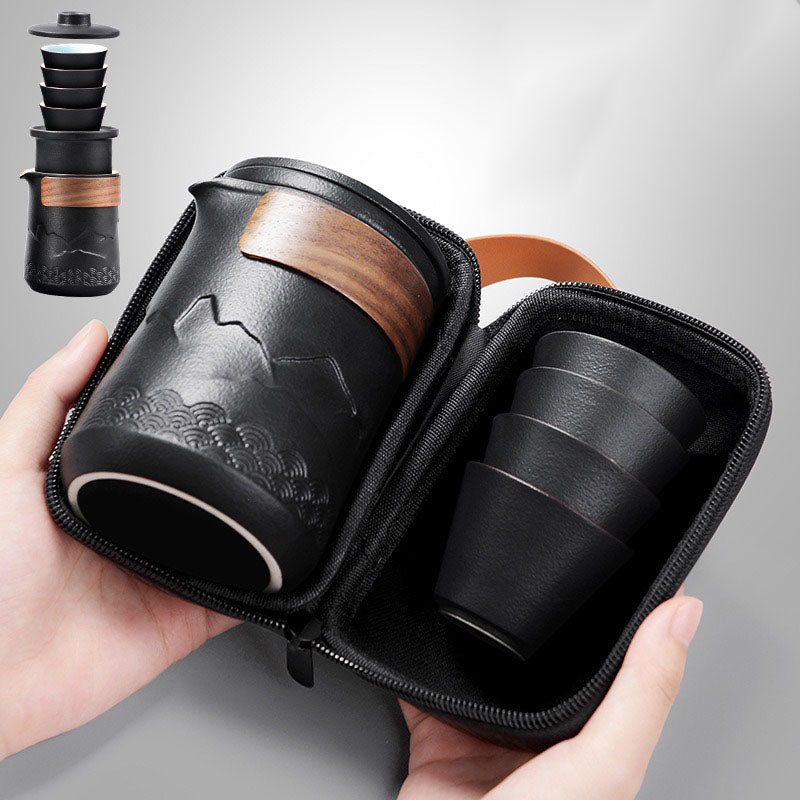 Travel Tea Set Ceramic Compact With Teapot Cups And Travel Bag Mountain Design | Sansoti