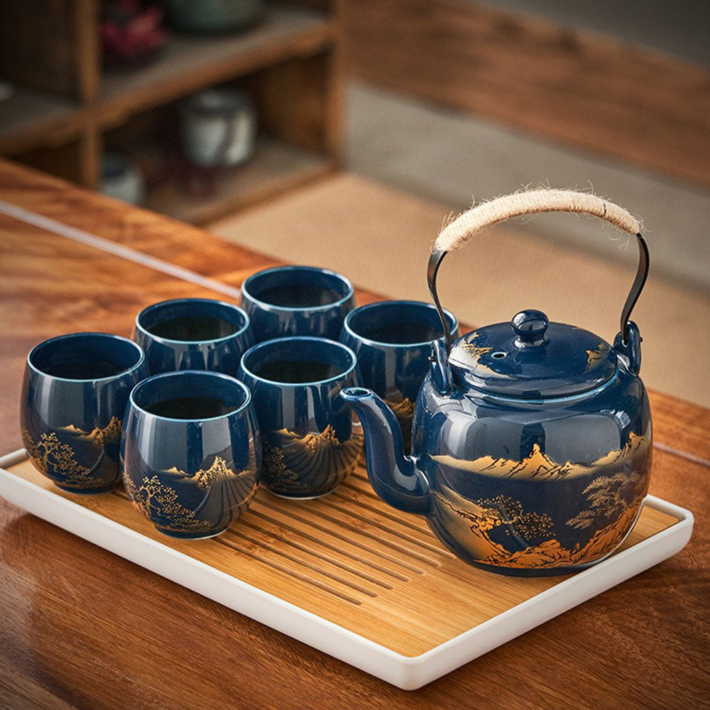Japanse Gongfu Theeset Met Dienblad Porselein Blauw Berglandschap 8 Delig | Sansoti