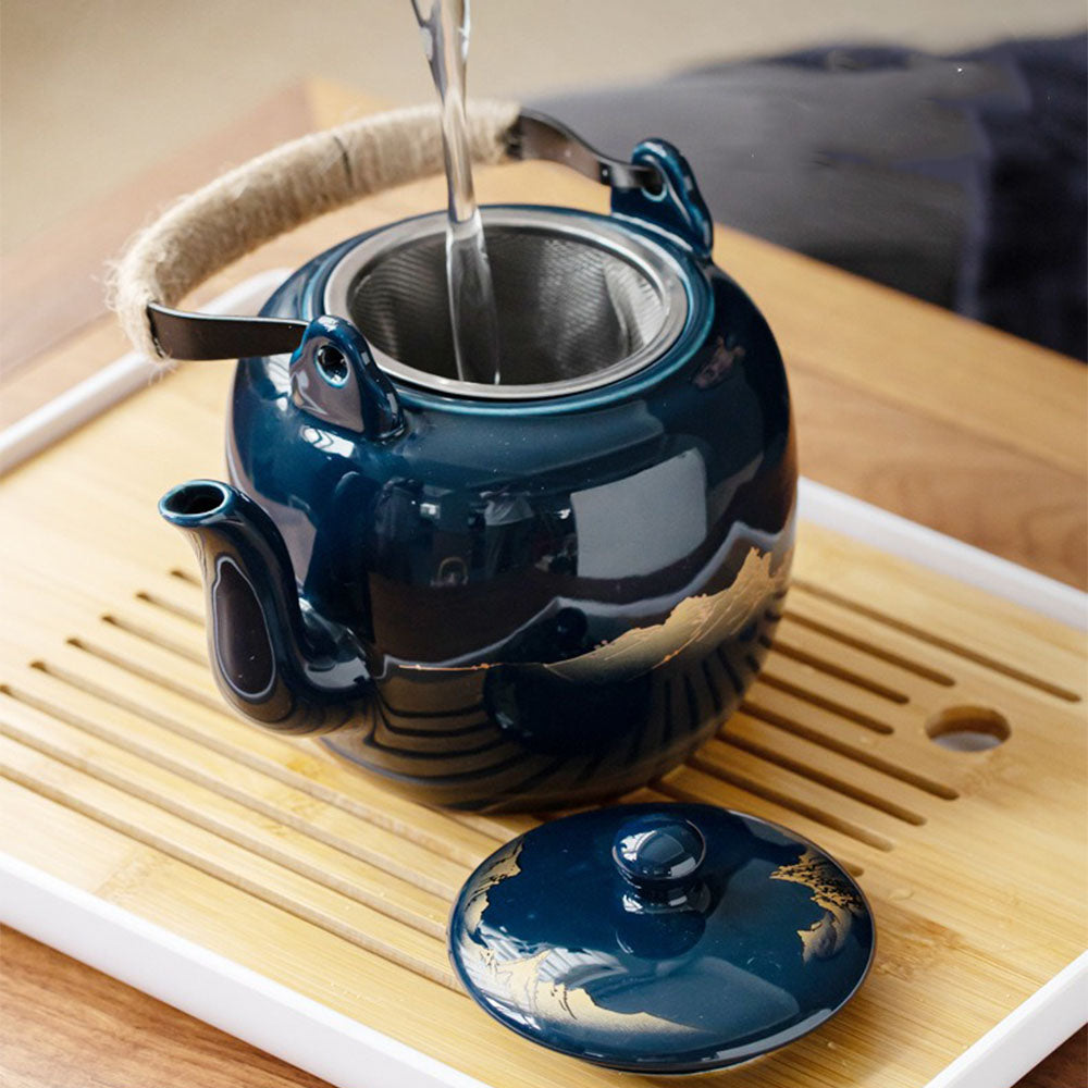 Japoński zestaw do herbaty gongfu z tacą, porcelanowy, niebieski, z motywem górskiego krajobrazu, 8 elementów | Sansoti