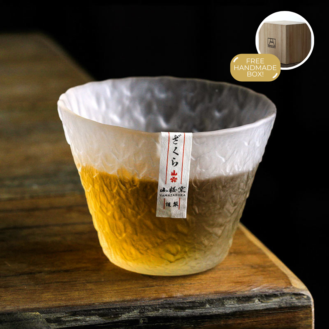 Verre à whisky fait main avec relief neige japonais – Verre résistant à la chaleur 200ml – Inclus boîte de rangement en bois – Expérience de dégustation intemporelle | Sansoti