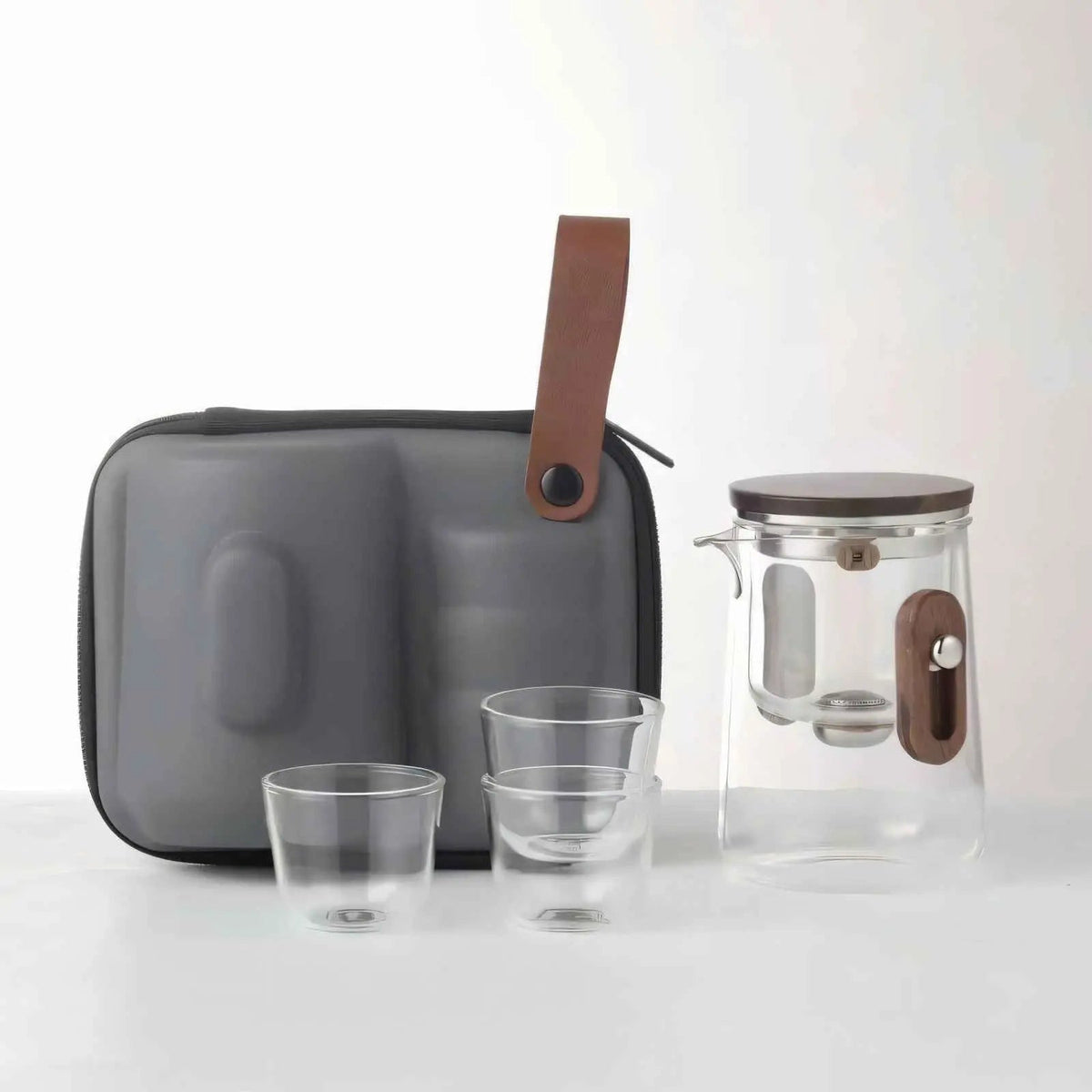 Glas Reisteekanne 330ml Borosilikat mit Tassen und Reisekoffer Camping Outdoor | Sansoti