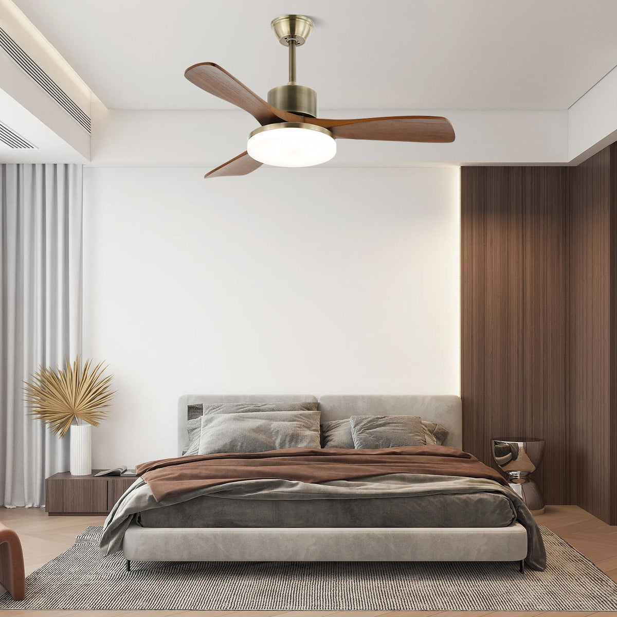 Deckenventilator mit Beleuchtung – Minimalistischer Ventilator in Silber und Holz – 6 Geschwindigkeiten – Fernbedienung – 106/132 cm – LED 35W – Deckenleuchte mit Ventilationsfunktion | Sansoti
