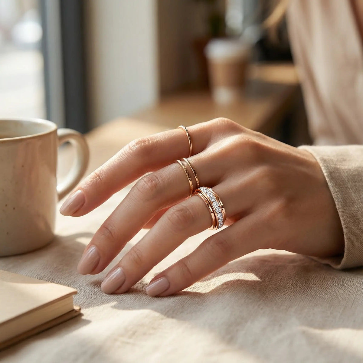 Draaibare Ring met Zirkonia Stenen Titanium Staal Zilver Goud Rosé Goud 3 Kleuren Briljante Sieraden voor Dagelijks Gebruik | Sansoti