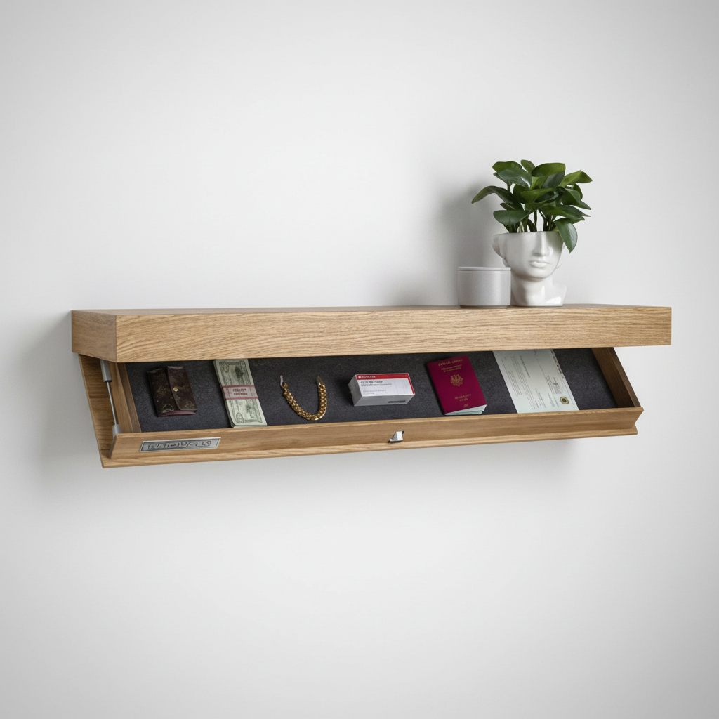 Floating Wall Shelf with Hidden Storage Compartment Solid Wood 40cm Hallway Kitchen Office Minimalist Design | Sansoti