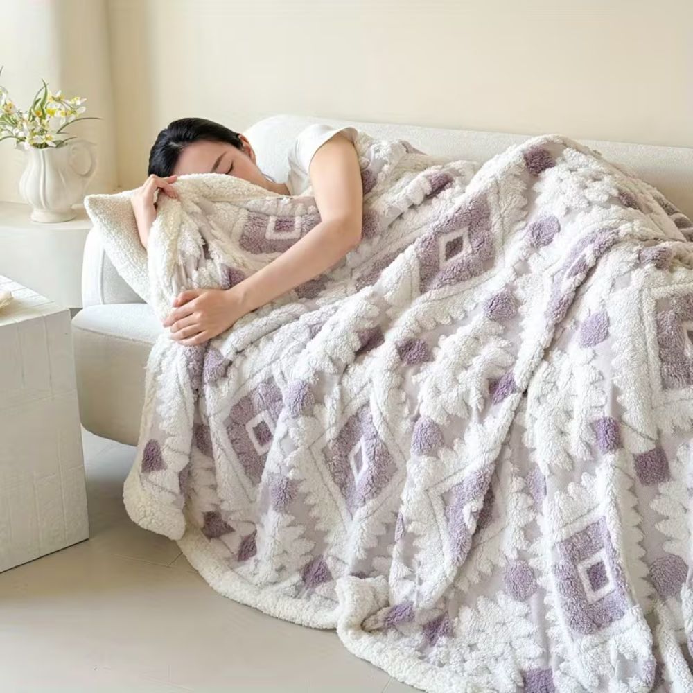 Double Throw with Geometric Pattern Vintage Microfiber Living Room Bedroom Sofa Blanket Soft Warm Comfortable | Sansoti