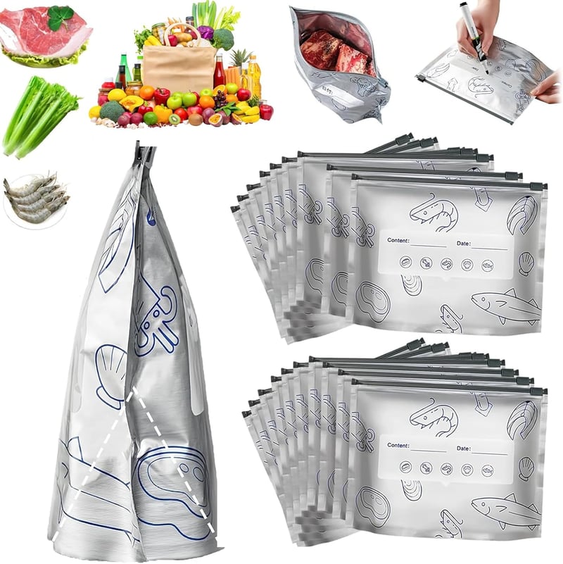 Sachets de conservation réutilisables en aluminium 20 pièces jusqu'à 200x lavables Hermétiques Compatible congélation Zone pour écrire Petit Moyen Grand Sans BPA Durable | Sansoti