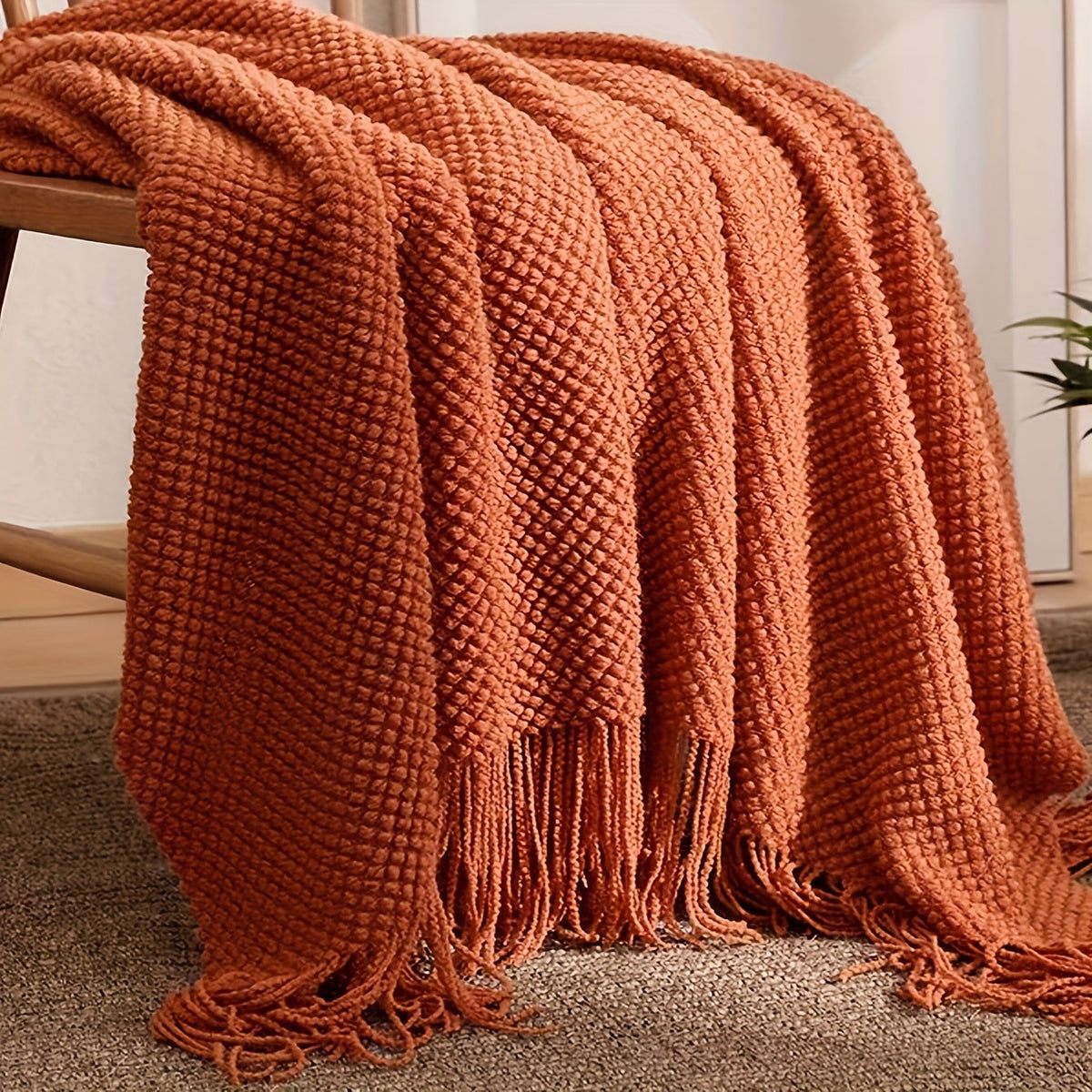 Knitted Throw with Tassels Orange Tones 130x160 cm Polyester Blanket Sofa Cover Decorative Throw Living Room Sofa | Sansoti