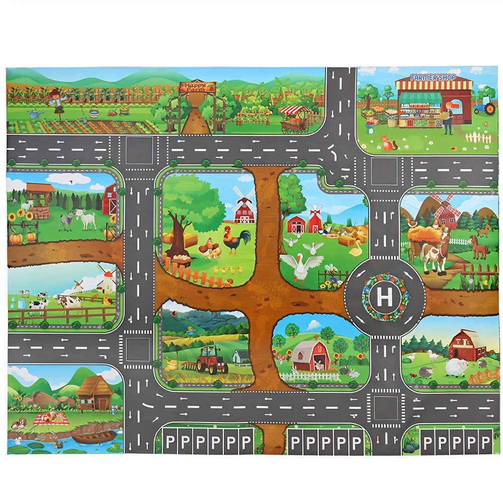 Spielteppich Kinder 100x130cm Bauernhof Straßen Rutschfest Spielmatte Spielzeugautos Tiere Verkehrsdecke Kinderzimmer Teppich | Sansoti