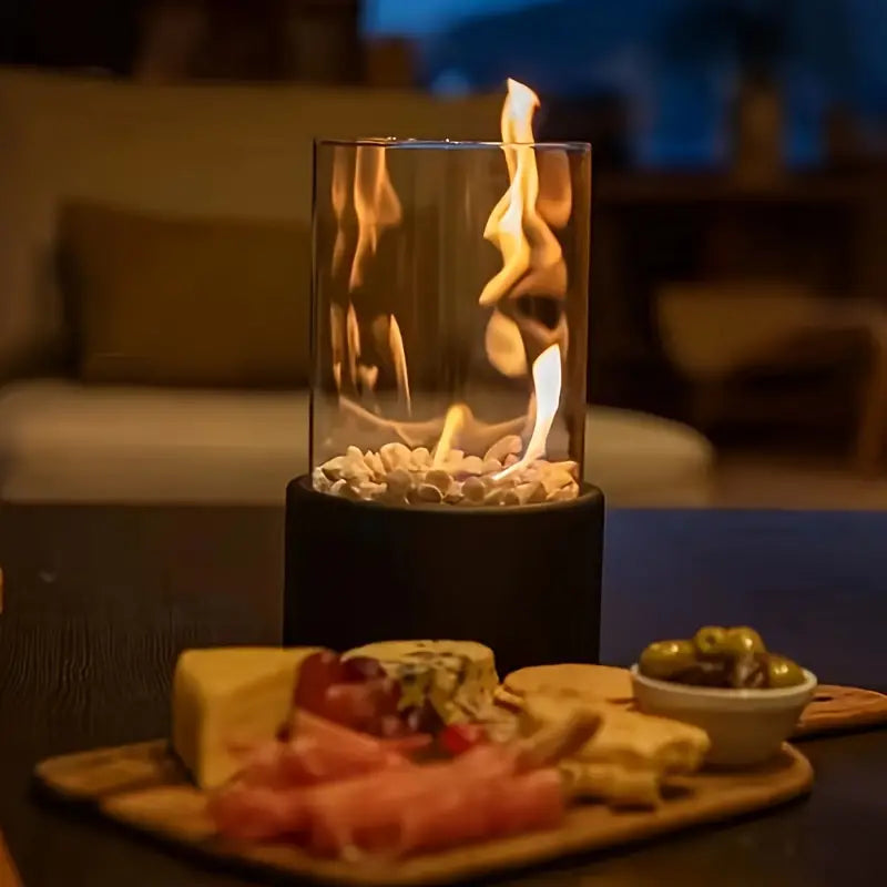 Moderne Bioethanol-Tischfeuerstelle mit Glaszylinder und rauchfreier Flamme für Innen- und Außenbereich, Stimmungsheizung | Sansoti