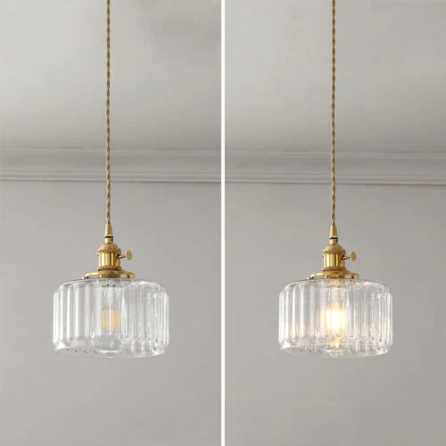 Groene Transparante Glazen Hanglamp Met Ribbelstructuur En Messing Fitting Vintage E27 Plafondlamp Voor Eetkamer Woonkamer En Keuken | Sansoti