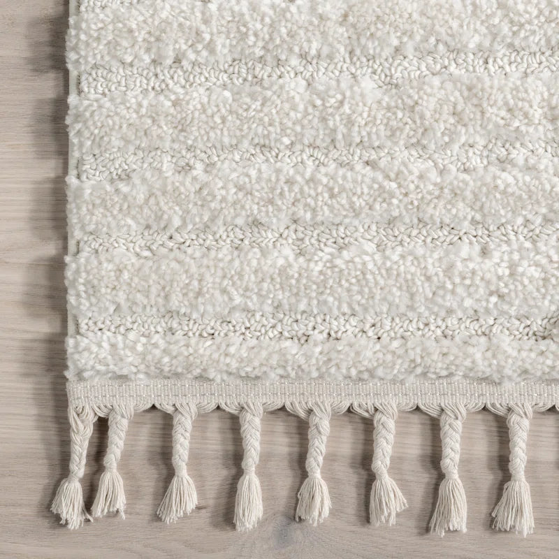 Japandi Hochflor-Teppich geometrisch Fransen creme Polypropylen Wohnzimmer Schlafzimmer | Sansoti