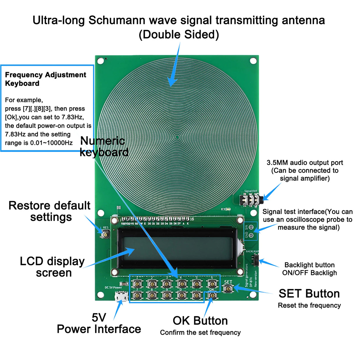 Schumann Frequency Generator 7.83Hz – Low-Frequency Sine Signal with LCD Display for Research 0.01-100kHz | Sansoti