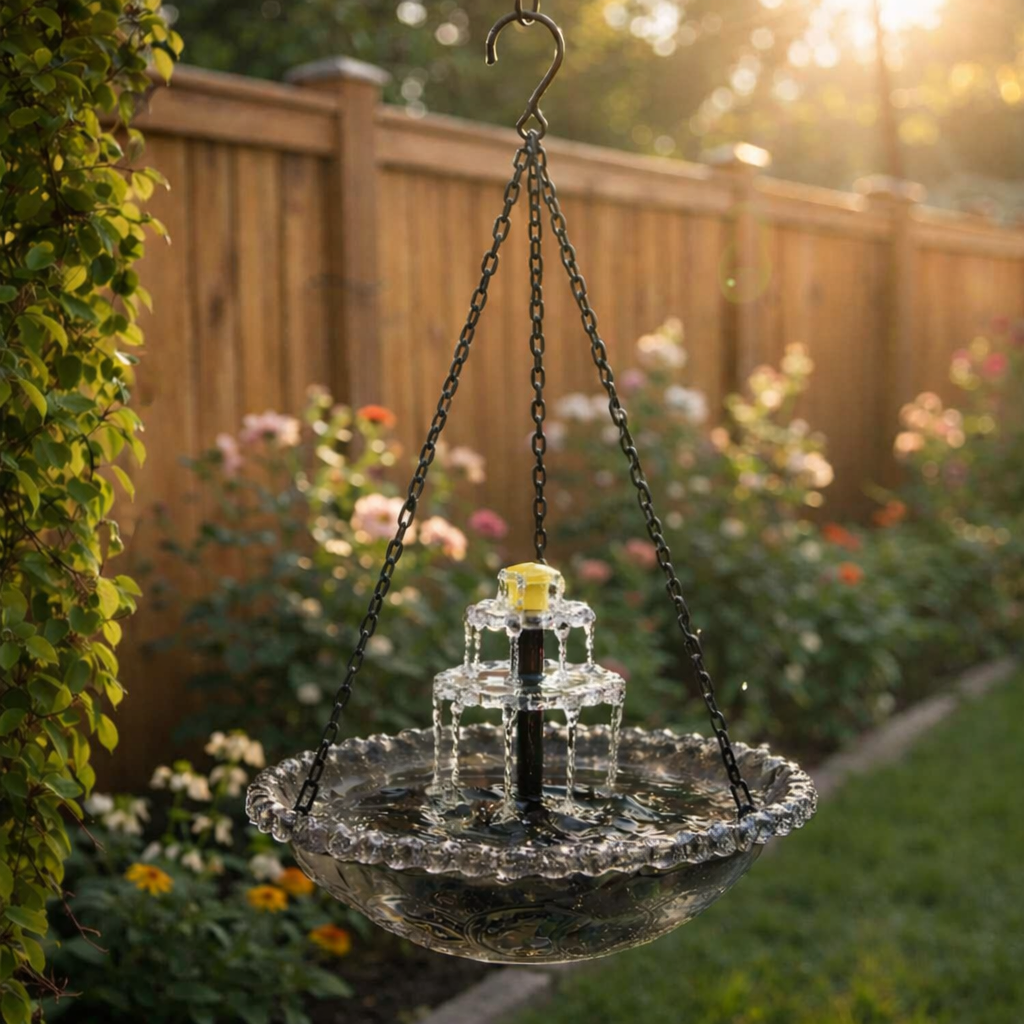 Bain d’oiseaux suspendu avec fontaine à eau solaire, deux niveaux, verre et métal pour jardin, terrasse, balcon | Sansoti