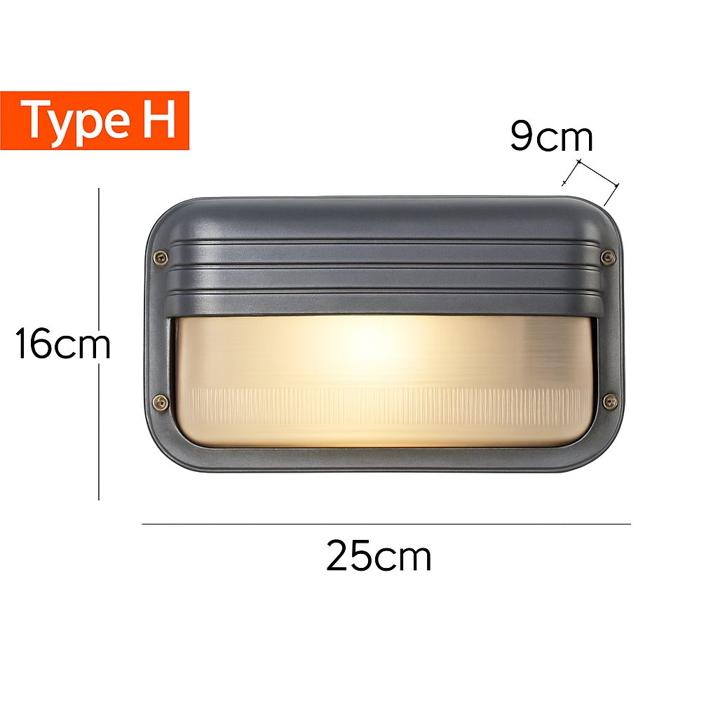 Lámpara de pared exterior de aluminio plateado IP65 E27 12W para jardín y porche, industrial, vintage, con vidrio mate, impermeable, para balcón y fachada | Sansoti