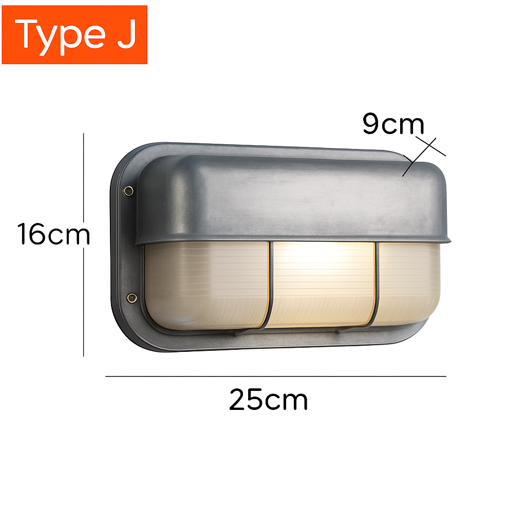 Lámpara de pared exterior de aluminio plateado IP65 E27 12W para jardín y porche, industrial, vintage, con vidrio mate, impermeable, para balcón y fachada | Sansoti