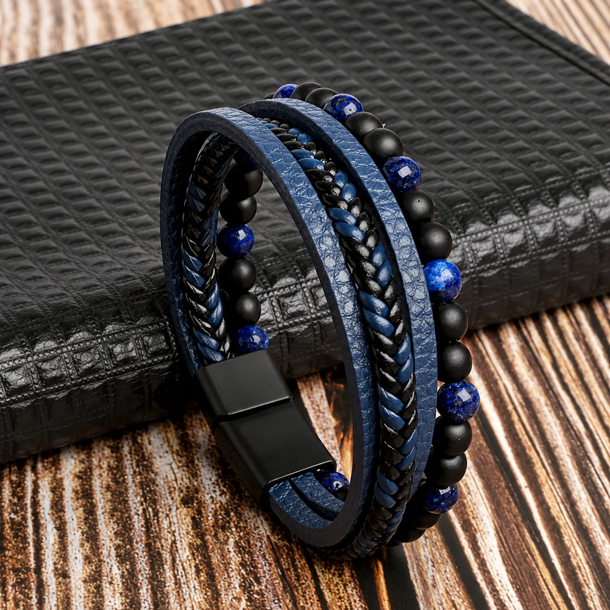 Braided Men's Bracelet with Magnetic Clasp Multi-Strand Beaded Details Black Brown Blue Casual Formal | Sansoti