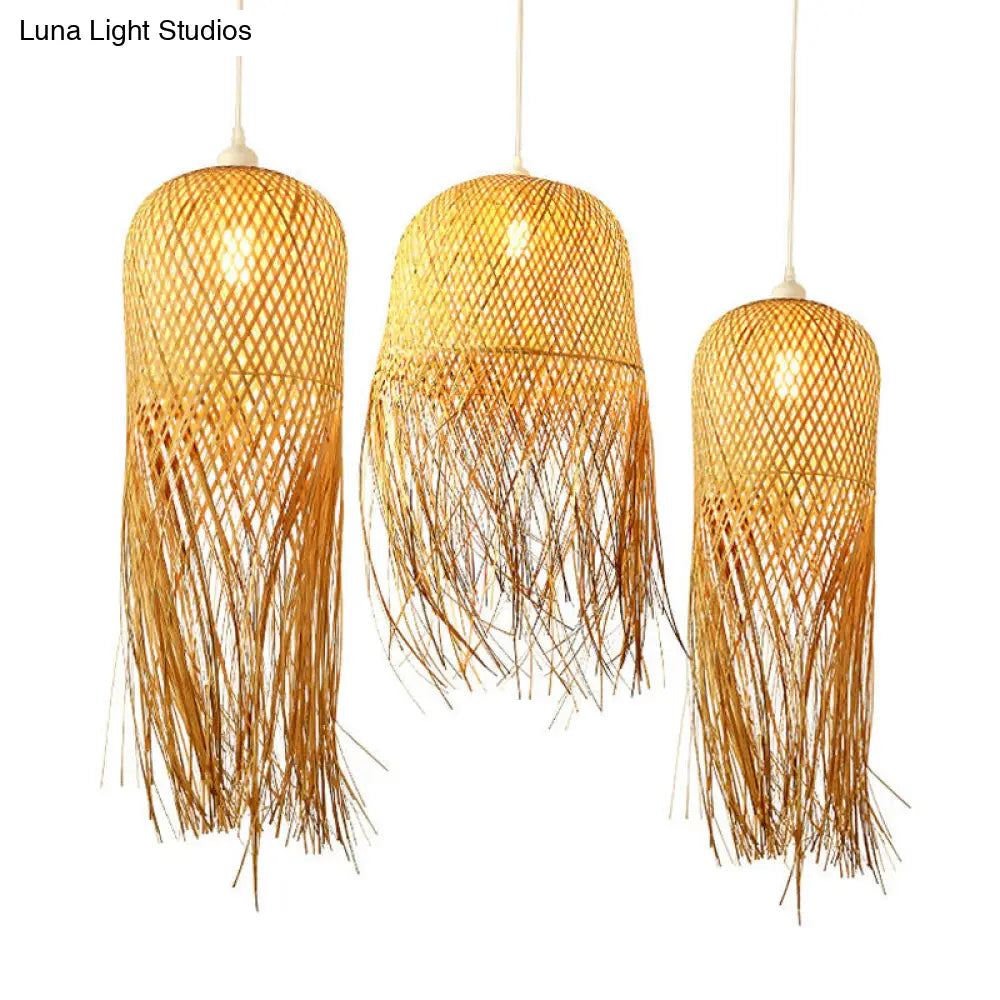 Bamboo Dome Pendant Light with Fringe Detail Natural Wood Scandinavian Design Dining Room Living Room E26 E27 | Sansoti